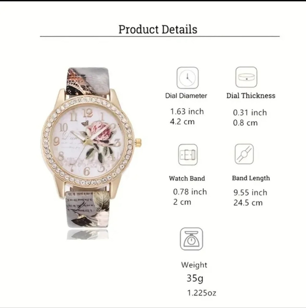 Rose Pattern Fashion Pointer Wrist Quartz Watch With Leather Strap..NWT..BROWN.. - Picture 3 of 3